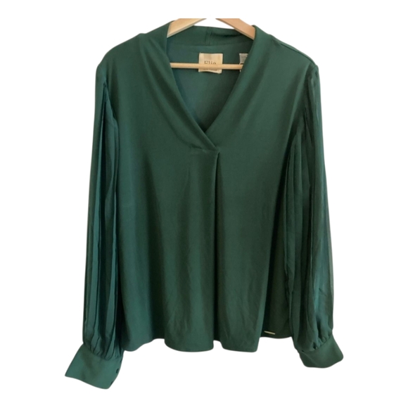Elie Tahari Green Sheer Pleated Sleeve Blouse V-Neck Long Sleeve Women's XL - Picture 1 of 9